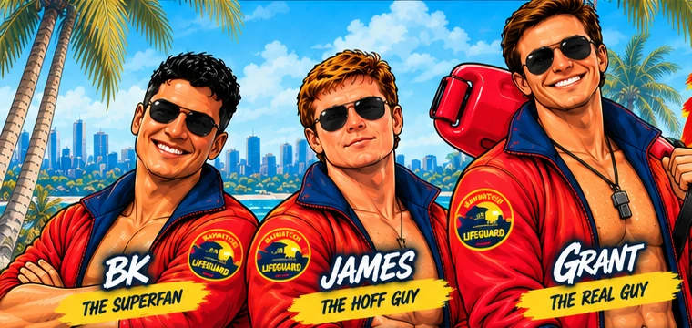 Comic-book illustrations of podcast hosts BK, James and Grant in red lifeguard jackets